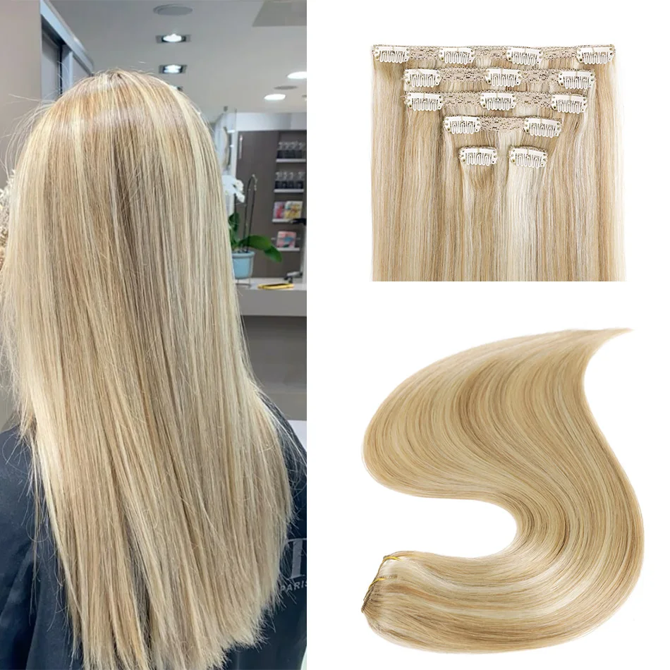 Bhf clipe em extensões de cabelo humano europeu em linha reta dupla trama peruca natural clipe na cabeça cheia 70g extensões de cabelo