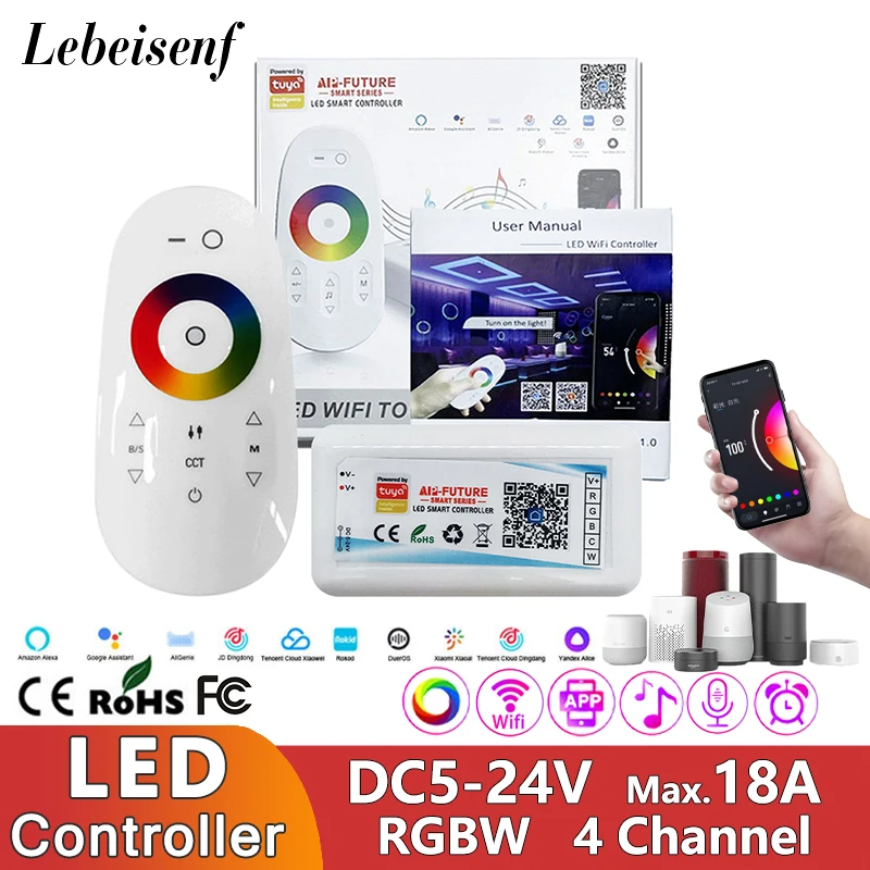 Smart Voice Led Controller per Dc5-24v Rgbwc Rgbcct 5 In1 Light Strip Tape Wifi Tuya 5 canali 18a e 2.4ghz Rf Full Touch Remote