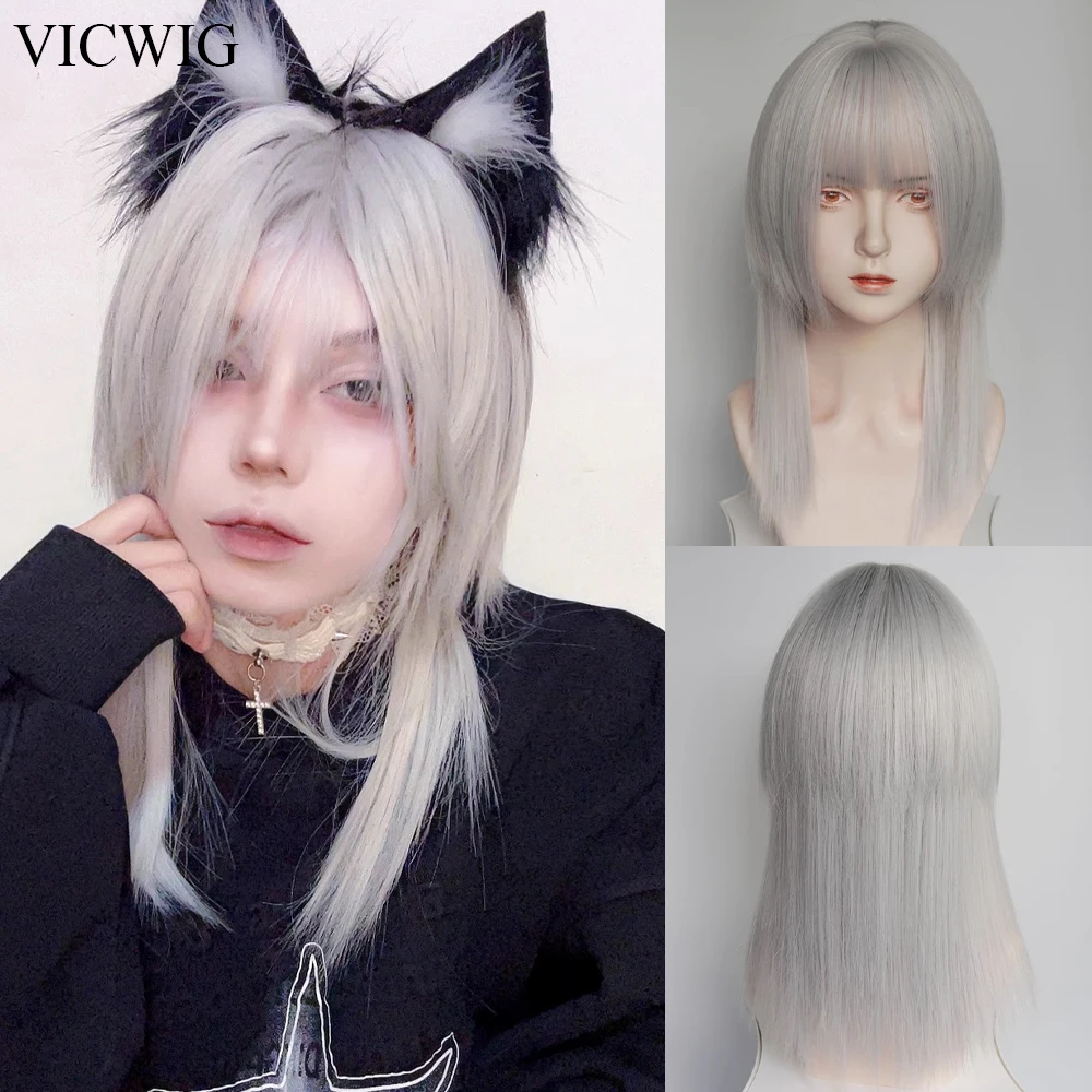 

Synthetic Long Straight Silvery White Mullet Head Wig with Bangs Jellyfish Head Fluffy Lolita Cosplay Hair Wig for Daily Party