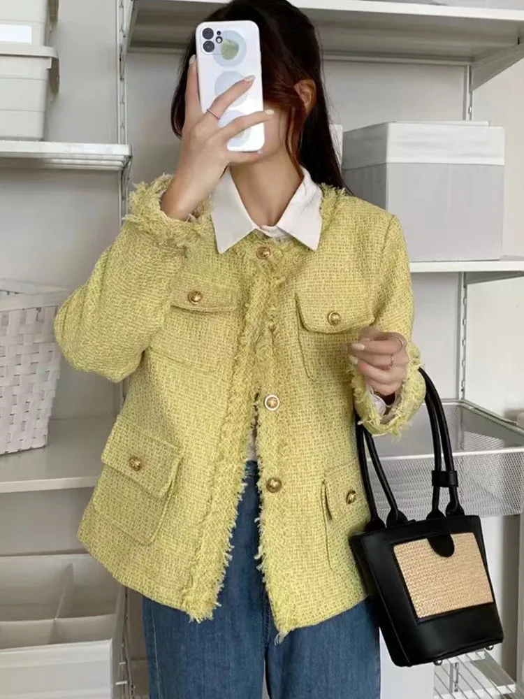 

SMTHMA New Autumn Winter Small Fragrance Tweed Jacket Coat Women French Vintage Elegant Tassel Woolen Coats Outwear