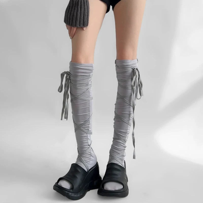 Tie-up Thigh-high Leg Warmers Stockings Women Girls Ballet Sheer Strap Bow Over Knee Socks Lolita Kawaii Breathable Long Socks