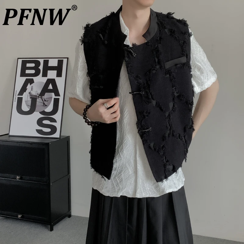 PFNW Niche High-end Chinese Style Tassel Chinese Knot Button Men's Vests Oversized Black Jacquard Sleeveless Vest Jacket 12C1217