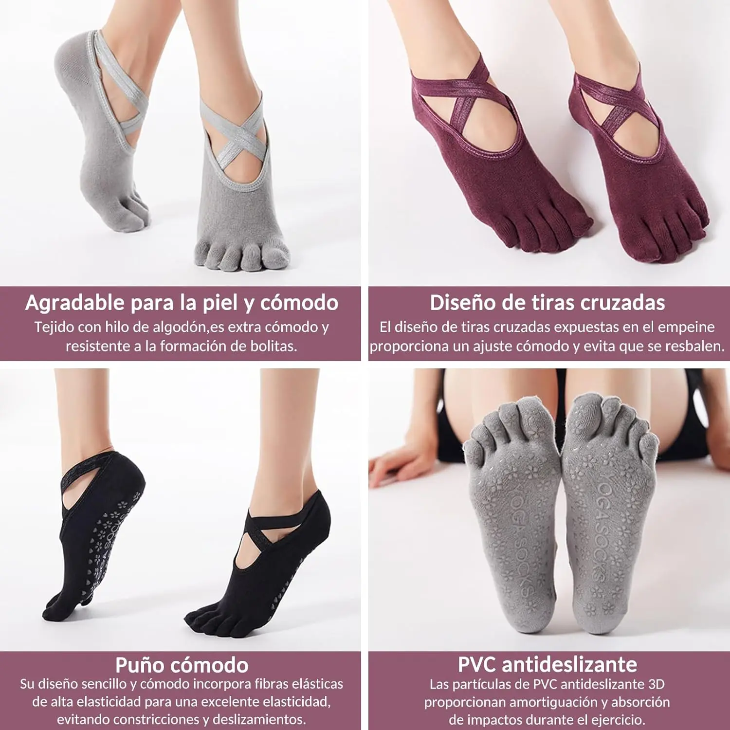 4 pairs of non-slip full-toe yoga socks comfortable and breathable Pilates socks (suitable for yoga Pilates ballet barefoot