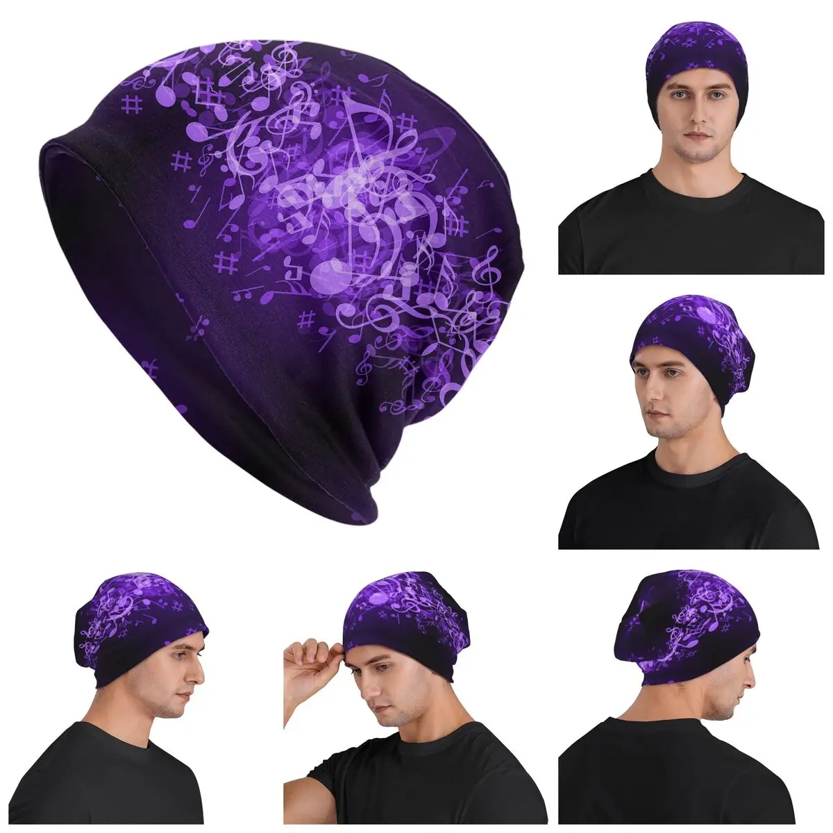 

Purple Glow Music Notes Warm Knitted Cap Fashion Bonnet Hat Autumn Winter Outdoor Beanies Hats for Men Women Adult