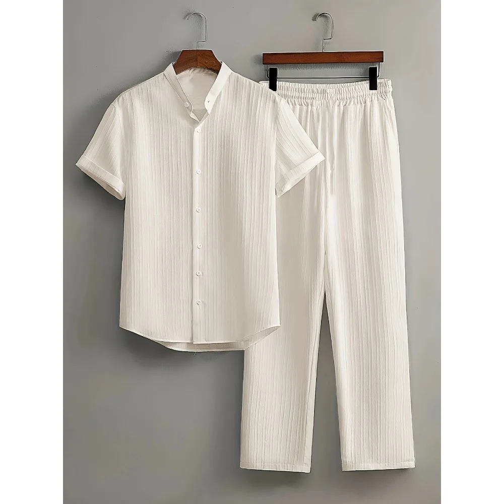 Men's-Two-Pieces-Casual-Outfit-Loungewear-Solid-Color-Textured-Short-Sleeve-Button-Down-Shirt-and-Long-Drawstring-Pants