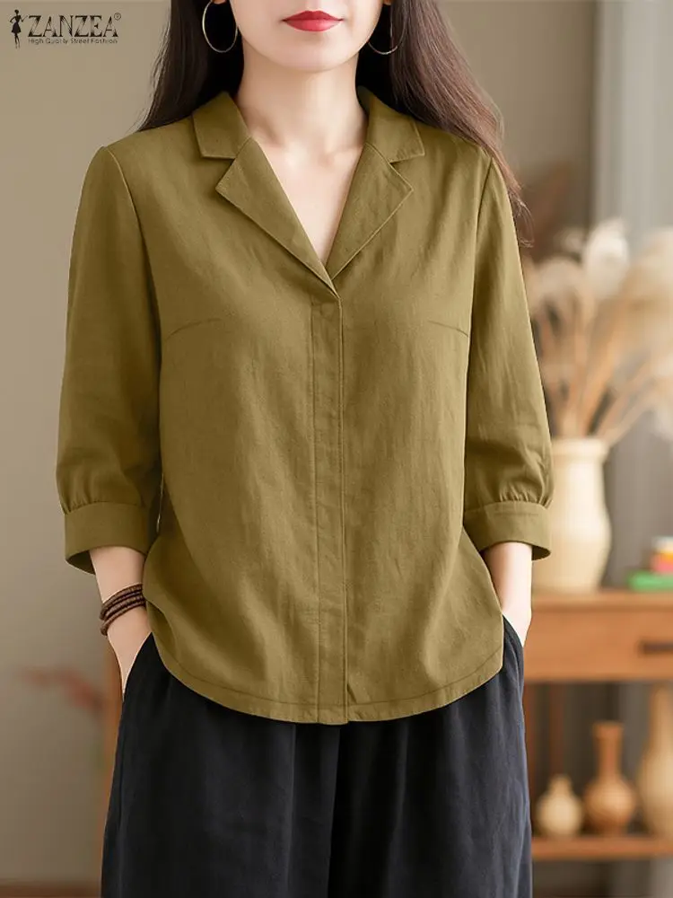 

ZANZEA 2025 Autumn Women Tops Lapel Neck Long Sleeve Blouse Casual Solid Loose Shirt Spring Female OL Work Blusas Mujer Oversize