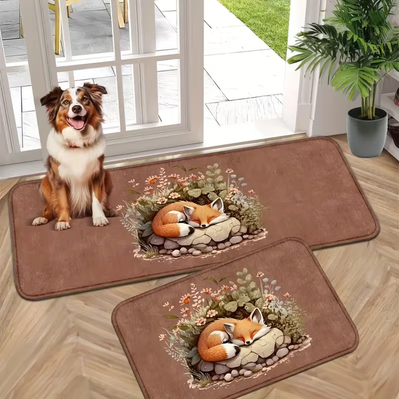Cute Sleeping Fox Door Mat Forest Animal Theme Entryway Rug, 2D Flat Printed Non-Slip Washable Floor Mat for Home
