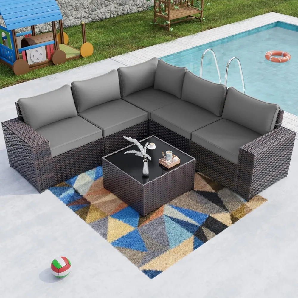 

Outdoor Patio Furniture Set 6 Pieces Sectional Rattan Sofa Set Brown PE Rattan Wicker Patio Conversation Set with 5 Grey Seat