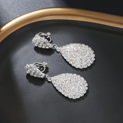 Water Drop Clip On Earring Cubic Zirconia Crystal Dangle Earrings Statement Earrings no pierced for Women Wedding Bridal jewelry