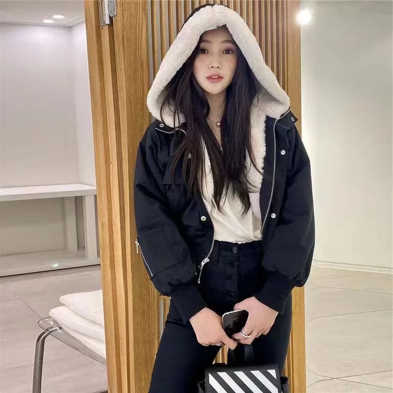 Female 2024 New Chic Warm Plush Outwear Women\'s Fleece Winter Jackets Korean Loose Long Sleeve Hooded Short Parkas Coat