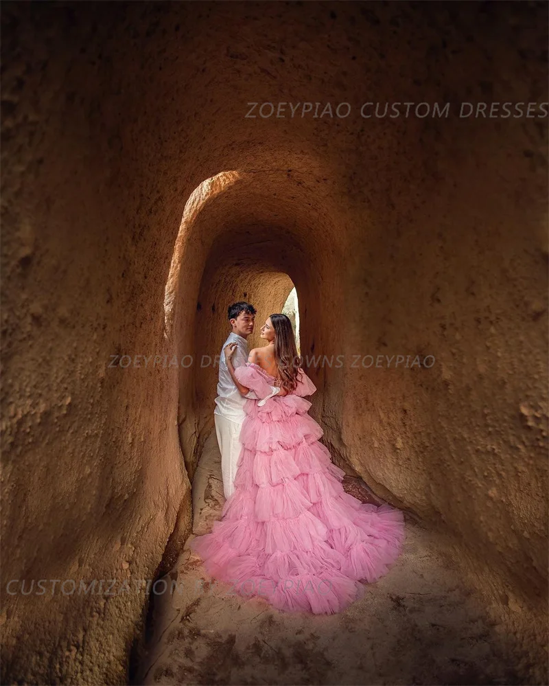 Abiti da sera senza spalline in Tulle lungo rosa a-line per le donne abiti da ballo per feste a maniche lunghe abito da Gala abito da sposa formale