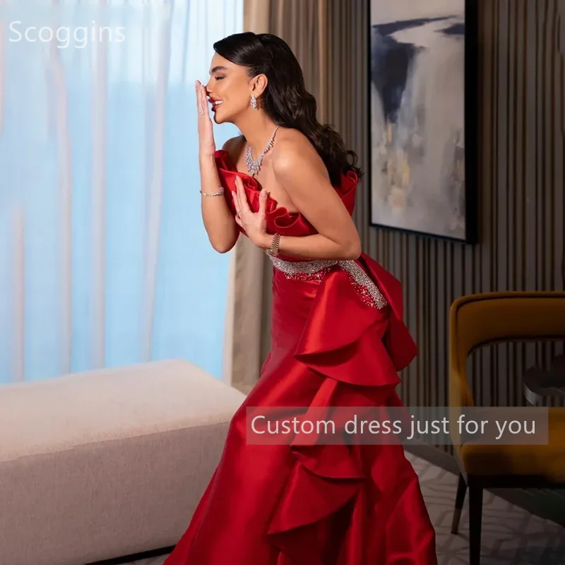 Scoggins فساتين سهرة Customize Evening Dress A-Line Strapless Beadings Floor-Length Sleeveless Zipper Up Wedding Dress Cocktail