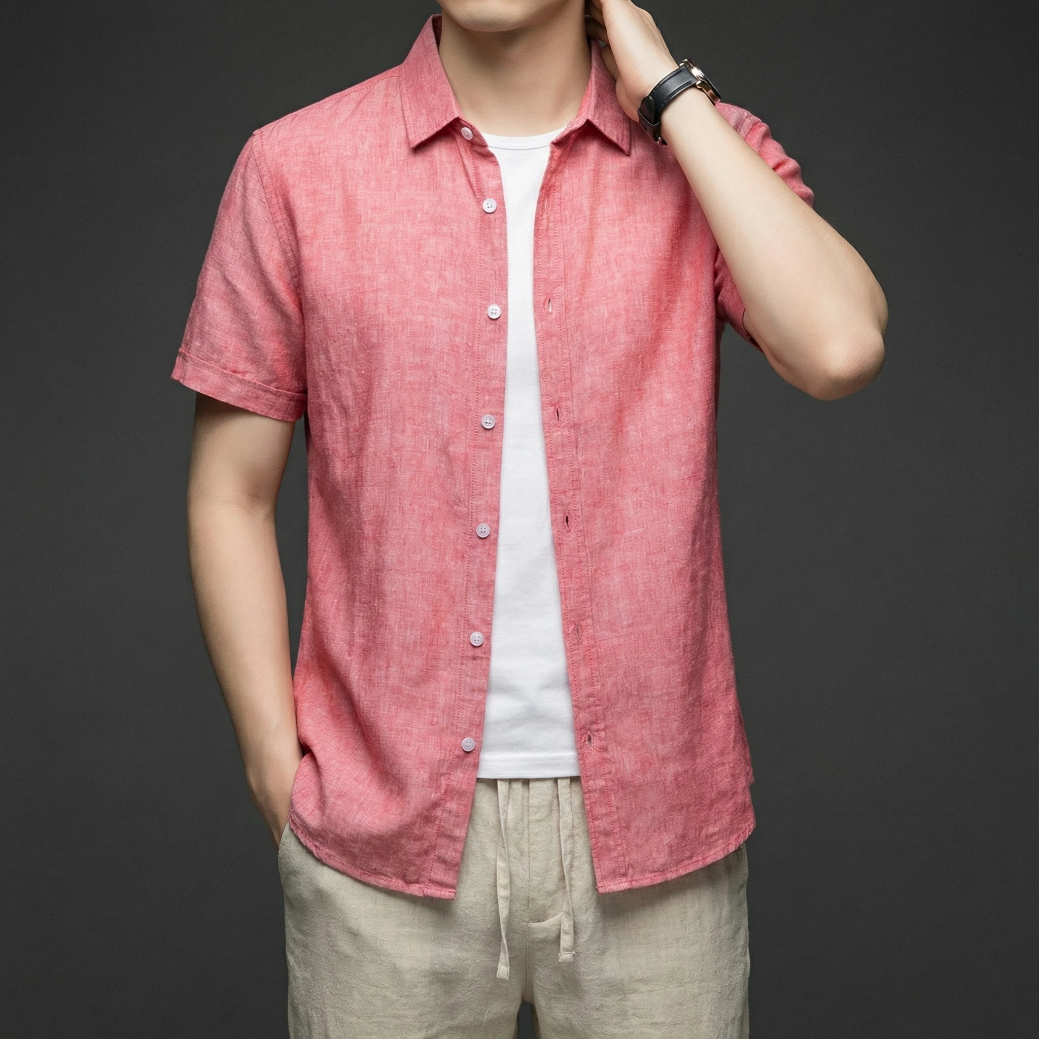 Summer New Linen Cotton Men's POLO Collar Shirt Short Sleeved 45% Cotton 55% Linen Fashion Loose Cardigan Breathable Comfortable