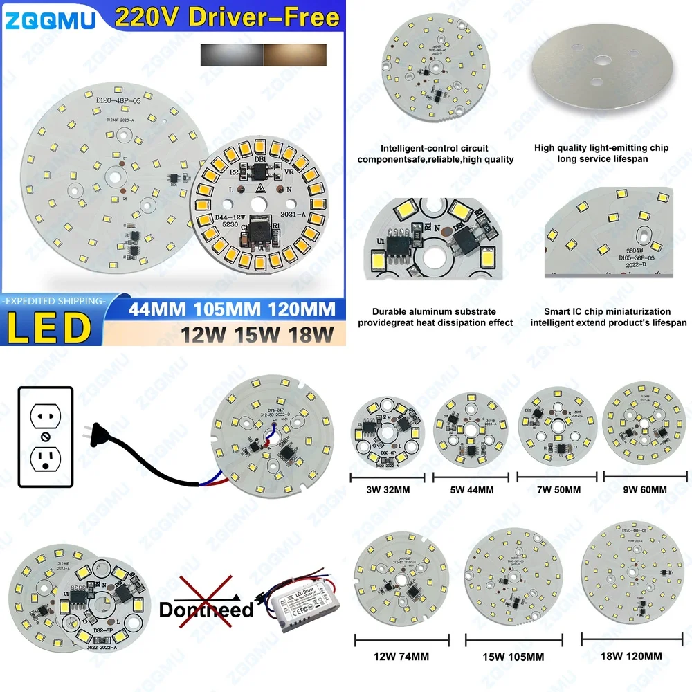 10PCS 12W 15W 18W Driver Free 2835 SMD LED Chip AC 220V Panel Light Smart IC DIY Downlight Outdoor Spotlight Bulb Energy