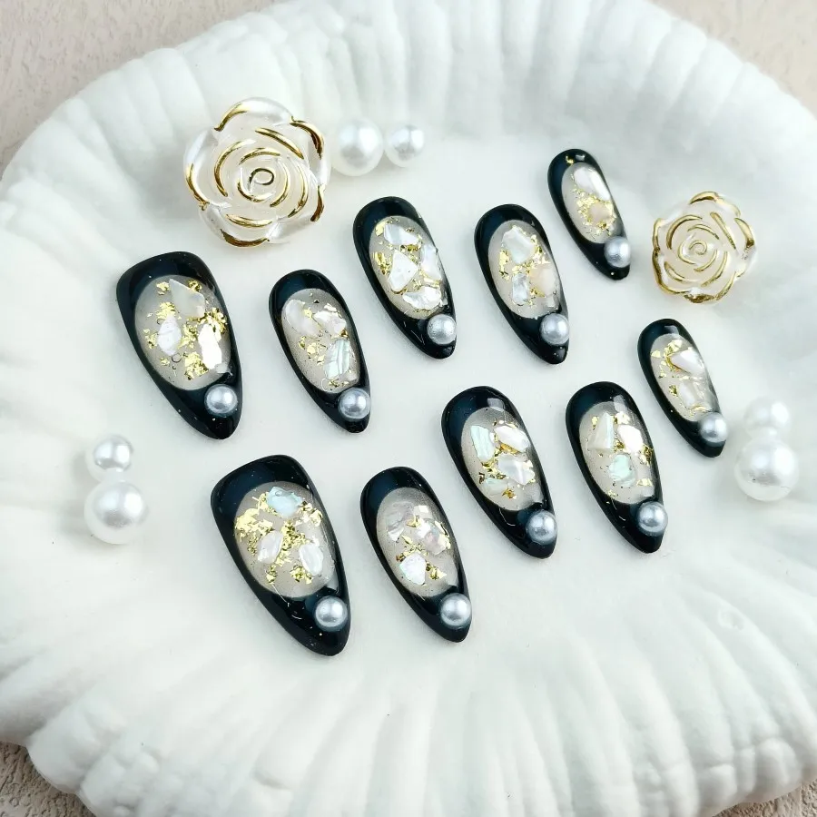 10pcs press fake nails, black elegant artificial nail suit, decorated with pearl paste fake nails, luxurious stick - on nails