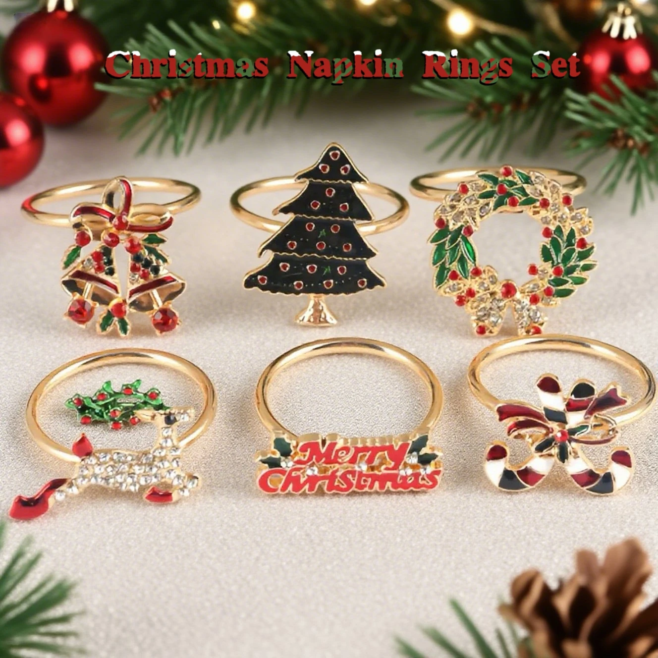 

Christmas Tree Reindeer Candy Cane Metal Napkin Rings Set of 6-12-18-24 with Bells Wreath Christmas Initials For Table Setting