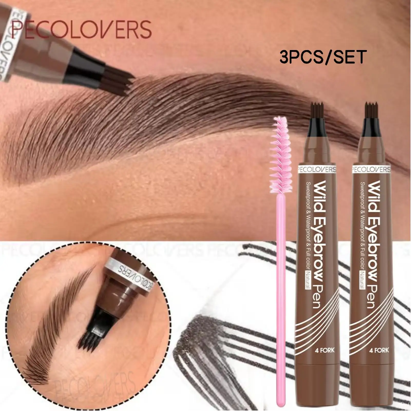 3PCS/Set  Waterproof Eyebrow Pencil with Brush,, Four-pronged Design, Creates Clear Eyebrow Shape, Not Easy to Smudge