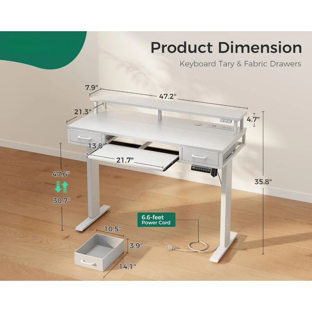 Electric Standing Desk with Drawers & Keyboard Tray, 47 Inch Height Adjustable Small Gaming Desk with Power Outlets & LED Lights