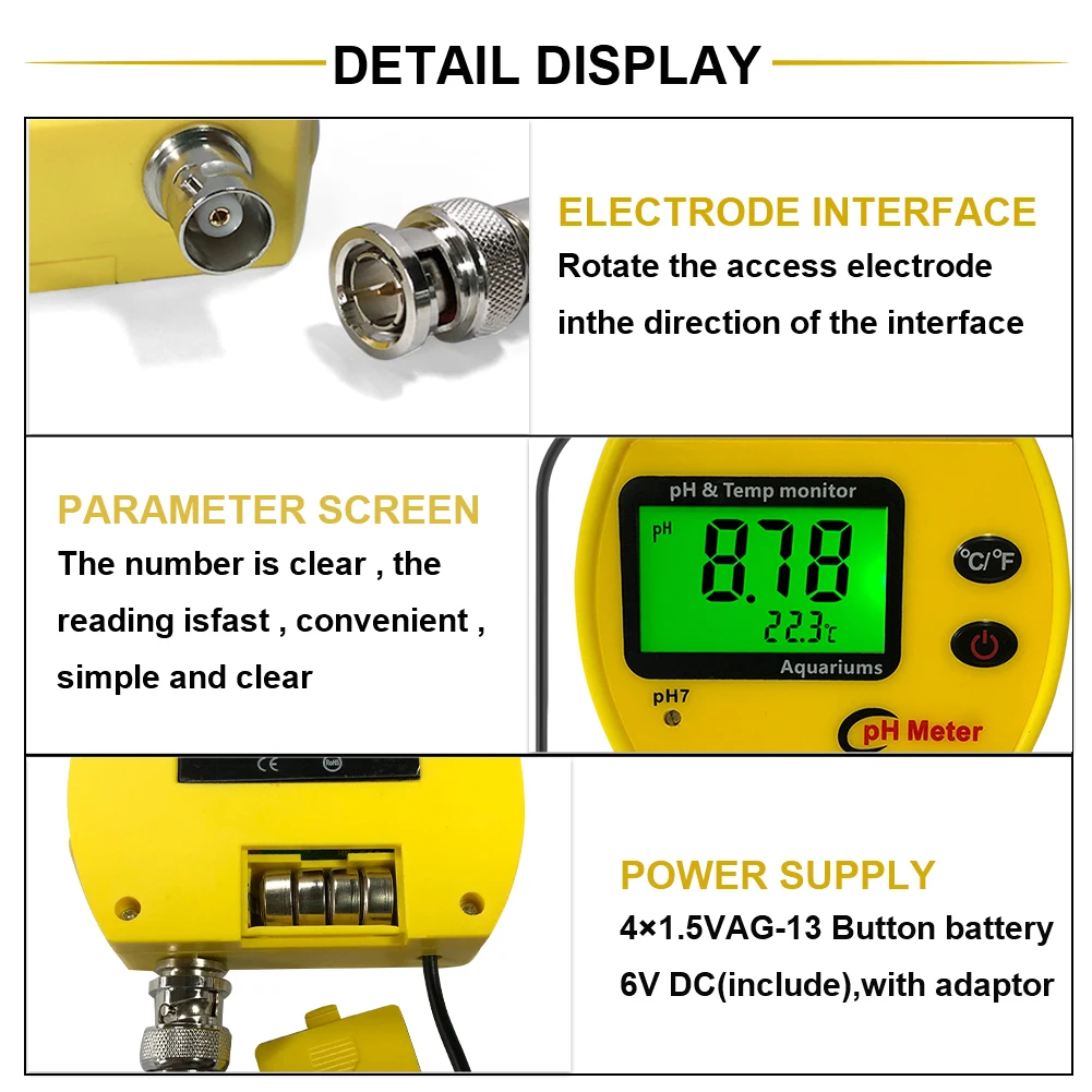 Yieryi PH Meter with Backlight Online PH-991 Aquarium PH Tester Temp Monitor Durable Acidimeter Tool for Tank Swim Pool Water