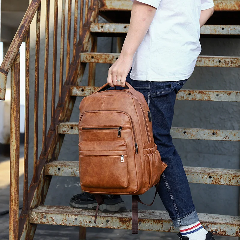 New Vintage Men USB Charging Backpack Large Laptop Bag PU Leather Man Travel Backpack Casual Teenagers School Bags For Boys