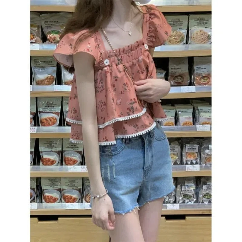 Sweet Floral Patchwork Short Blouse Summer New Printing All-match Youth Fashion Shirt Tops Cute Elegant Korean Women Clothing