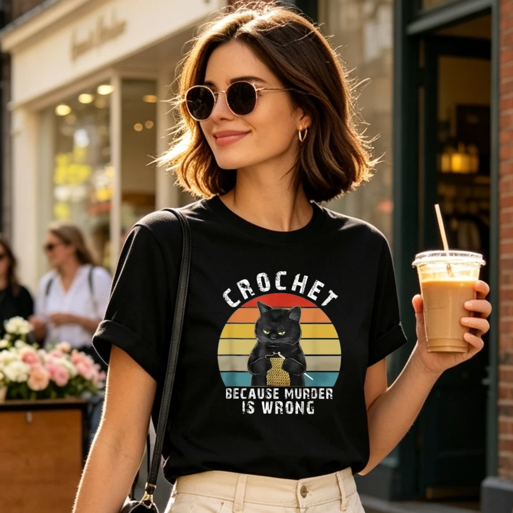 Crochet Because Murder Is Wrong Funny Cat Vintage T-Shirt Cotton Crazy Tops New Coming Tee Print Sleeve O-Neck Summer Streetwear