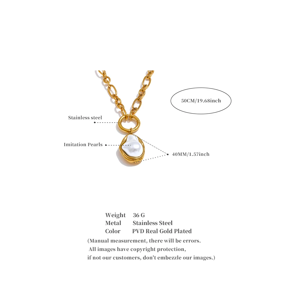 Yhpup 50CM Trendy Baroque Simulated Pearls Golden Pendant Necklace 18K PVD Plated Chain Stainless Steel Fashion Jewelry