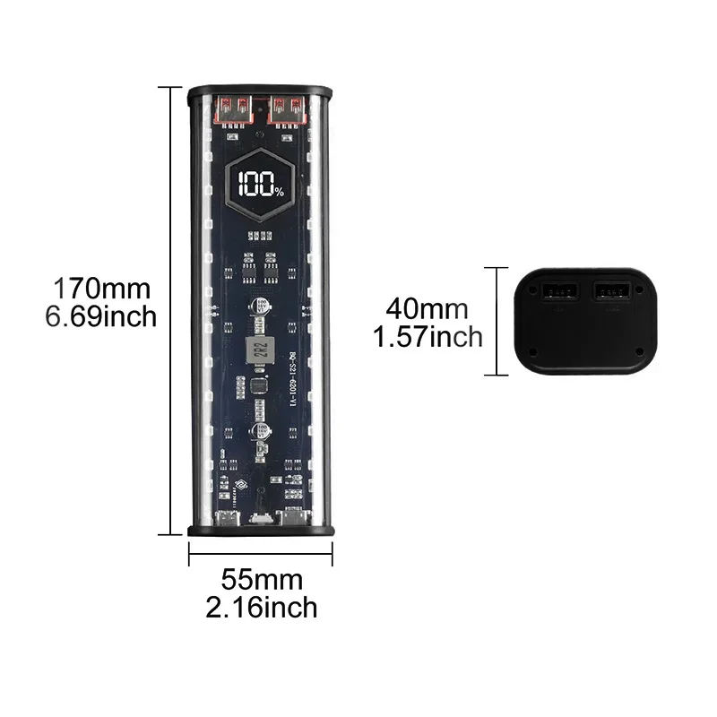 보조배터리 케이스 배터리 보관함, 야간 조명, 듀얼 USB 충전, DIY 쉘, 아이폰 샤오미 21700 배터리 보관함, 4*21700