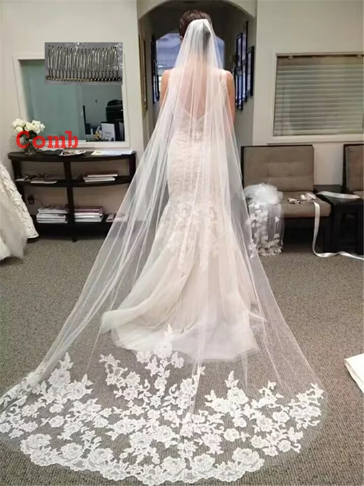 Wedding Veil Cathedral Lace Long Voile Mariage White Ivory Bride Wedding Accessories One-layer 3meters Veu De Noiva L