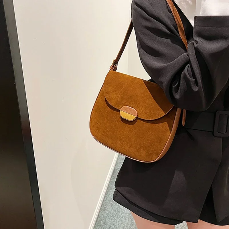 New Style Women Saddle Bag Suede Leather Retro Female Shoulder Bag Fashion Casual Handbag Large Capacity Crossbody Bag