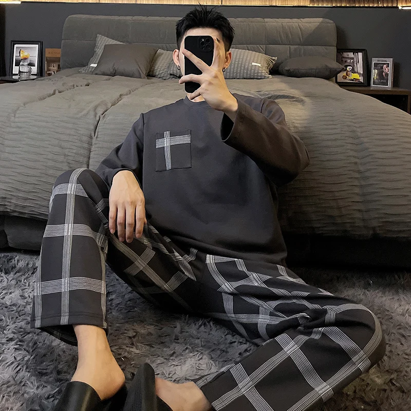 2023 frühling Langarm Baumwolle Pyjama Sets für Männer Koreanische Nette Cartoon Nachtwäsche Pyjama Männlichen Homewear Hause Kleidung Homme