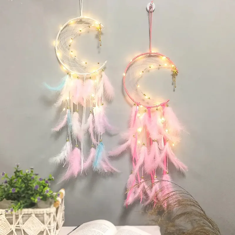 with Light Emitting Diode Light macrame Handmade Wall Hanging Home Decoration Dream Catcher with Star Pendant Bedroom