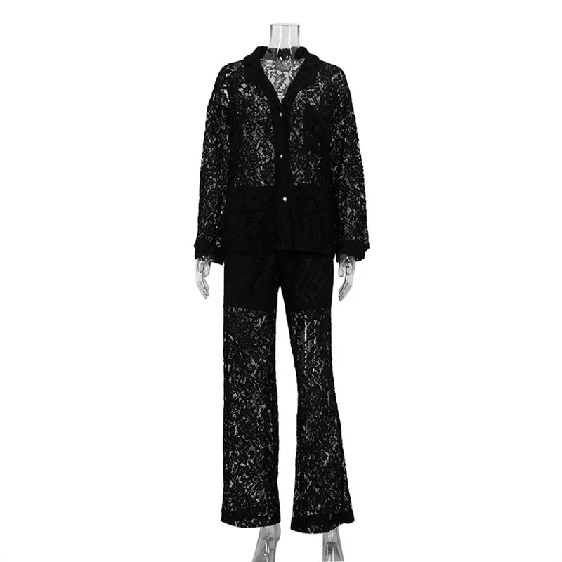 2024 Autumn and Winter New Lace See-through Two-piece Set Feminine Hot Girl Fashion Lapel Shirt Pants Suit