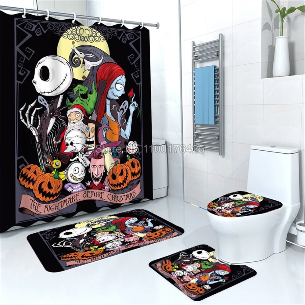 Jack And Sally  Anime 4 Piece Mats Bathroom Decorations And Shower Sets Full Set Accessories Curtain Bath & Items