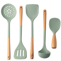Classy-5Pcs Silicone Kitchen Utensils Set With Wooden Handle Non-Stick Spatula Cooking Set Frying Spatula Ladle Rice Spoon