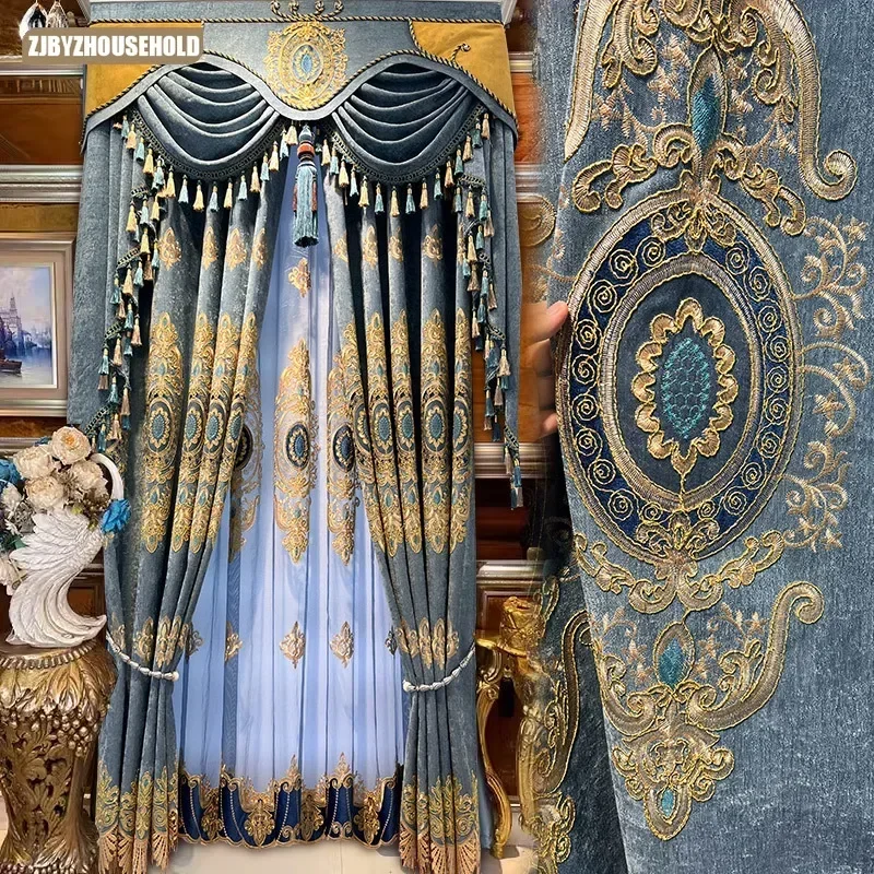 

New European Embroidery Luxury Chenille Curtains for Living Dining Room Bedroom High-grade Blackout Embroidery
