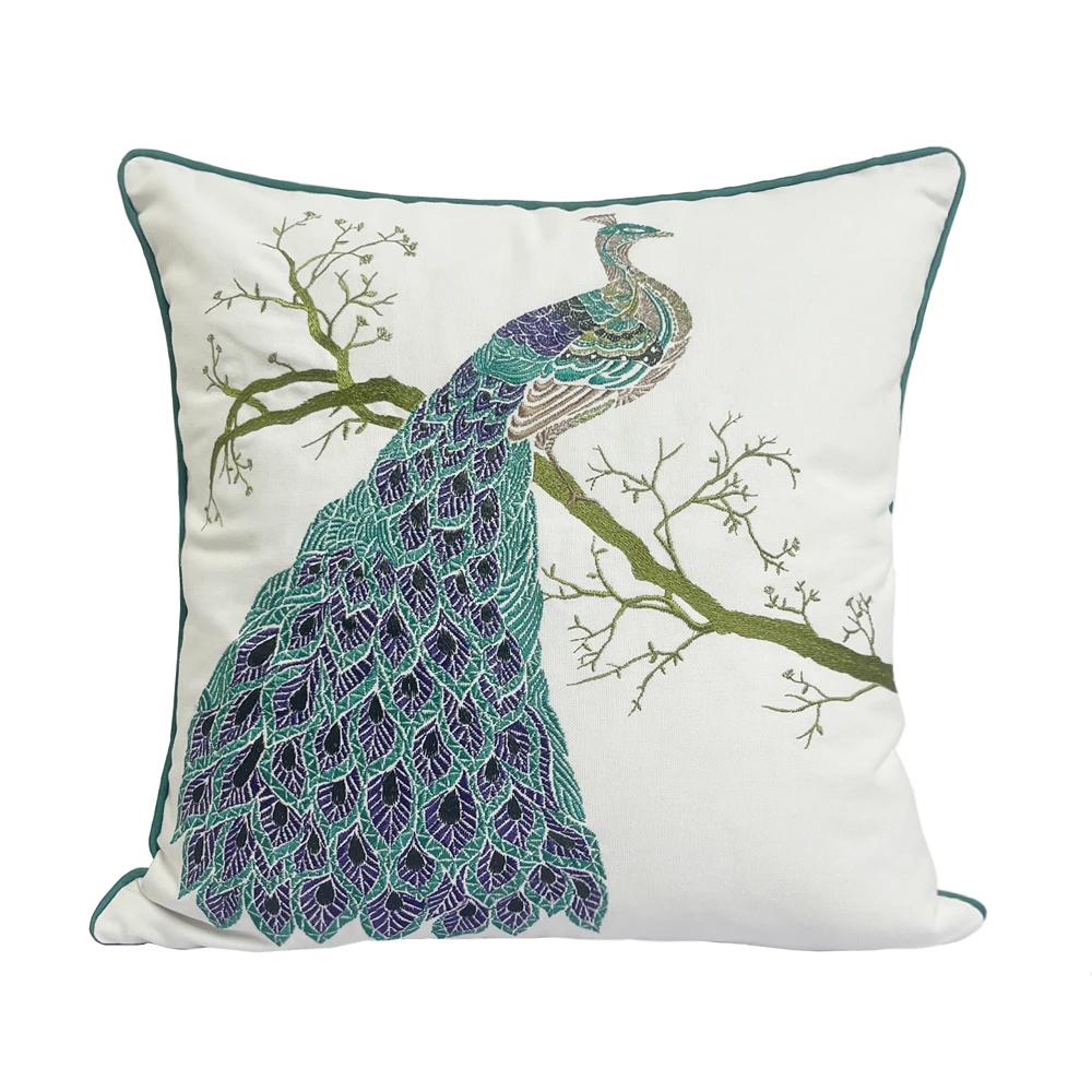 Deluxe Embroidered Peacock Birds White Canvas Home Square Decorative Pillow Case 18x18