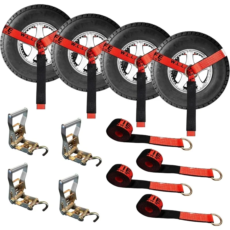 

12 pc Combo Lasso Wheel Lift Straps 2" Ratchets Tube J Hook Set, Tow Truck Tie Down with Sleeve Protectors - Red Winch Straps