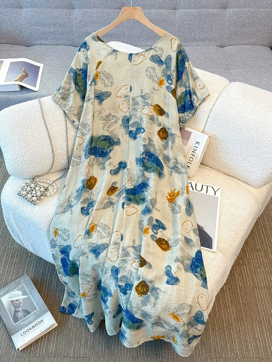 150Kg de talla grande busto de mujer 150 verano suelto de manga corta mezcla Retro vestido de cuentas estampado 5XL 6XL 7XL 8XL 9XL