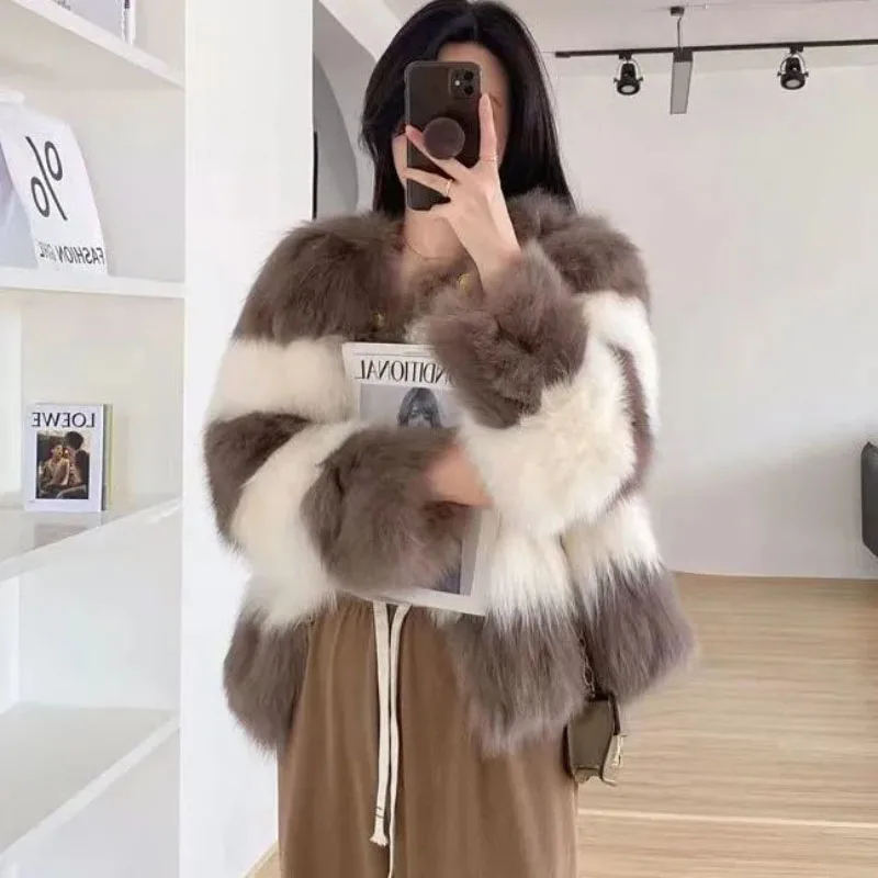 2023 Autumn Winter New Contrast Fur Jacket Women's Overcoat  Fashion Loose Imitation Fox Mao Mao Warm Stitching Fur Jacket Tops