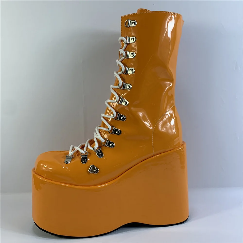 13 cm High Heels Plateaustiefel, Bühnenshow Herbst-/Winterschuhe, kurze Unisex-Botas mit dickem Boden, Schwarz, Rot, Gelb, Lila, Direktversand