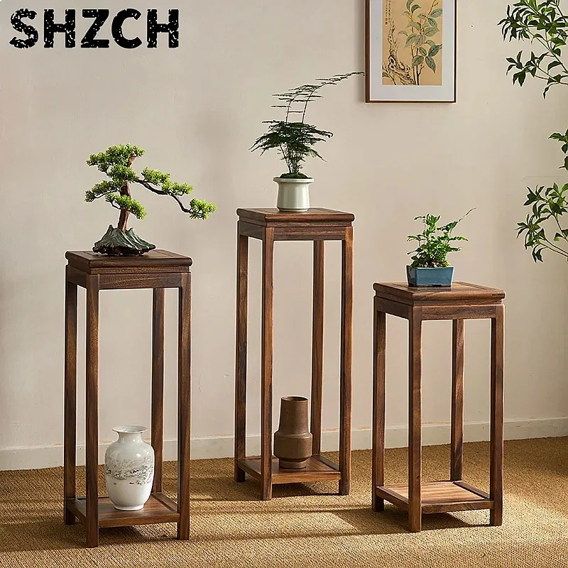 Chinese Style Walnut Wood Flower Stand TV Cabinet Plant Holder Living Room Balcony Floor Display Table