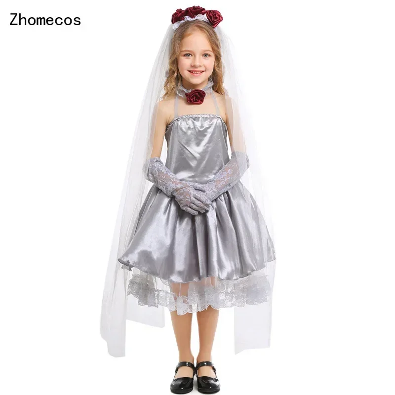 

Zhomecos Girls Silver Gray Corpse Bride Cosplay Costume Angel Dress Kids Halloween Party Carnival Costume Fancy Dress