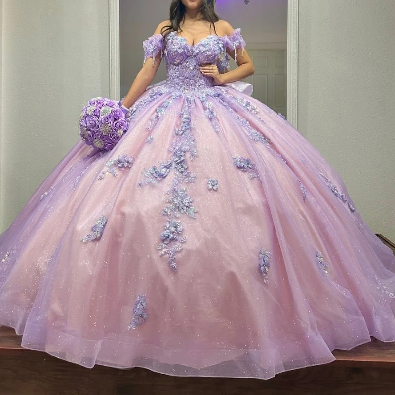 

Lilac Mexican Quinceanera Dressess Off The Shoulder Luxury Applique Lace Beads Tull vestido 15 quinceañeras Corset Lace Up Sweet