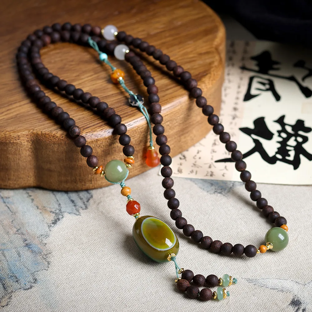 

Original Multi-Coil Agarwood Bracelet with Twisted Agate Beads Chinese-Style Sweater Chain Bracelet with 108 Beads