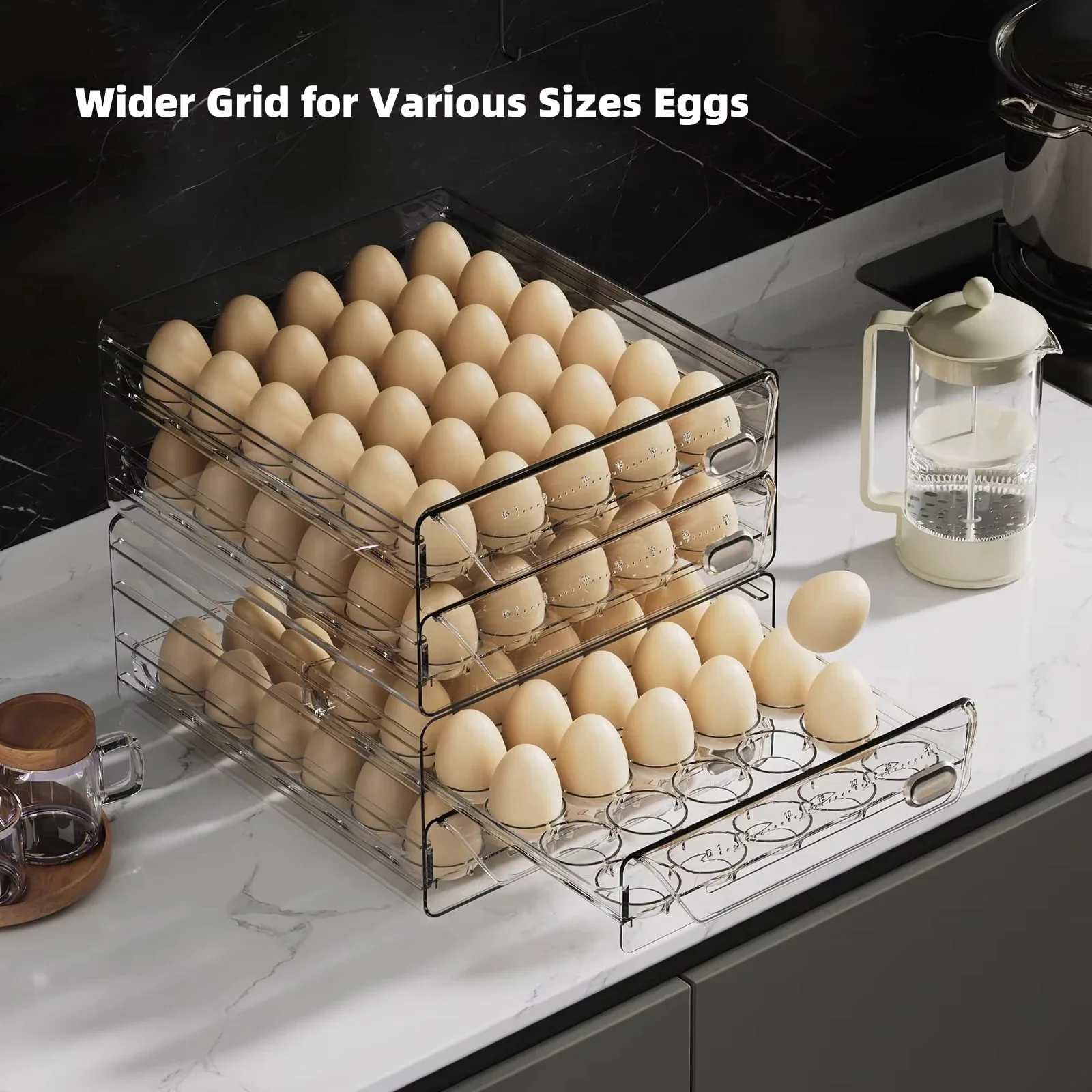 Contenedor transparente de 60 huevos para refrigerador, soporte para huevos para nevera, contenedor de almacenamiento de huevos apilable, bandeja de caja de almacenamiento de huevos frescos