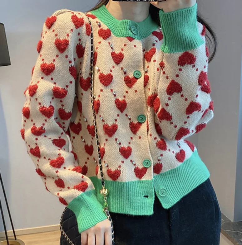 

Heart Plaid Thick O-Neck Vintage Knitted Women's Cardigans Sweater Fashion Single Breasted Short Cardigan For Women w13