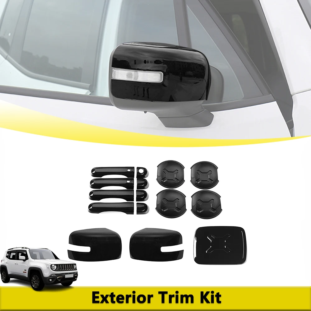 

15Pcs Exterior Trim Kit for Jeep Renegade 2016-2022 Car Door Handle Mirror Cover Fuel Tank Cap Decoration Accessories Black ABS