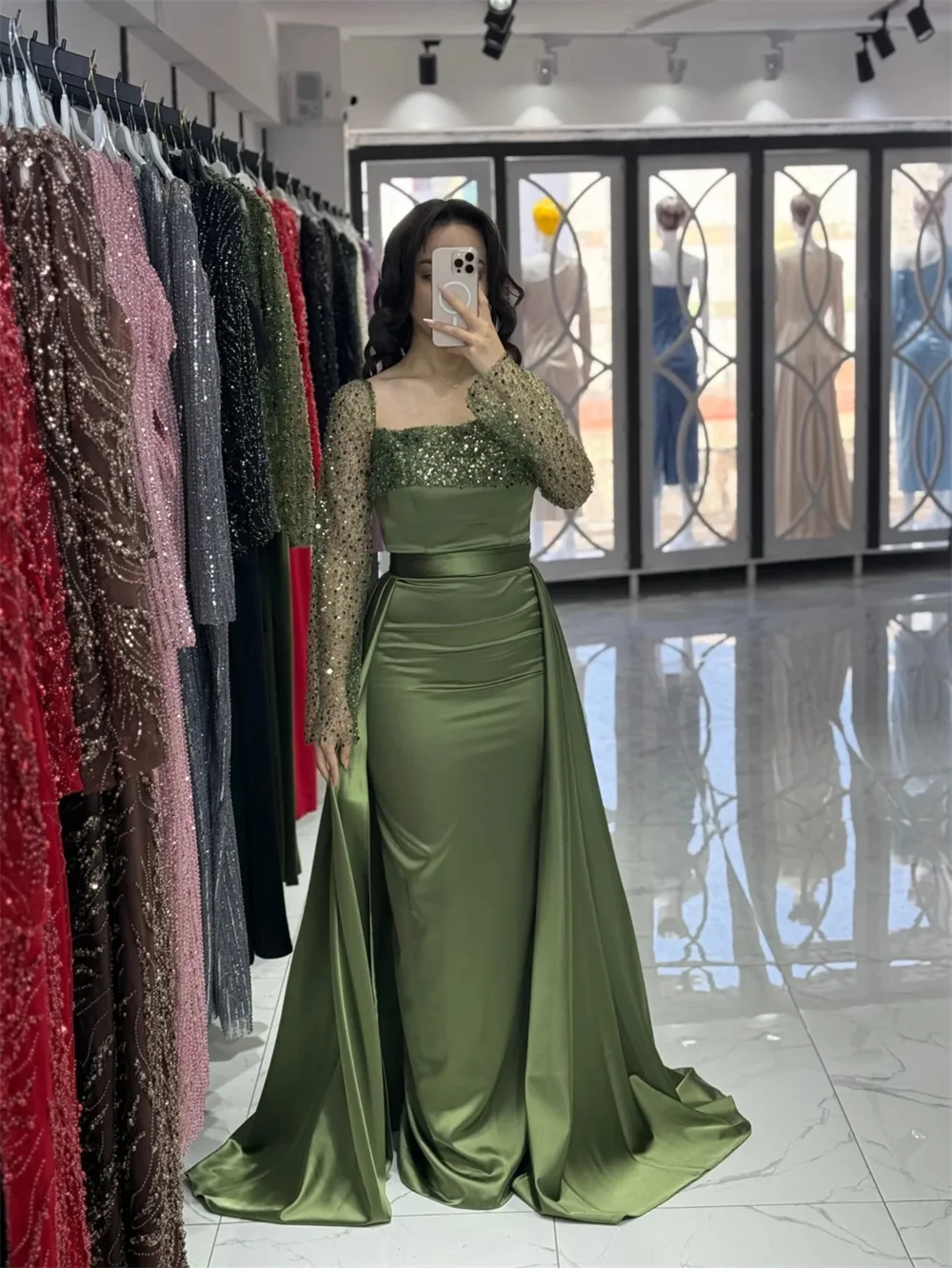 Cathy Customized Green Square Neck Sequin Prom Dress Long Sleeves Detachable Train vestidos de noiva Zip Back Evening Dresses