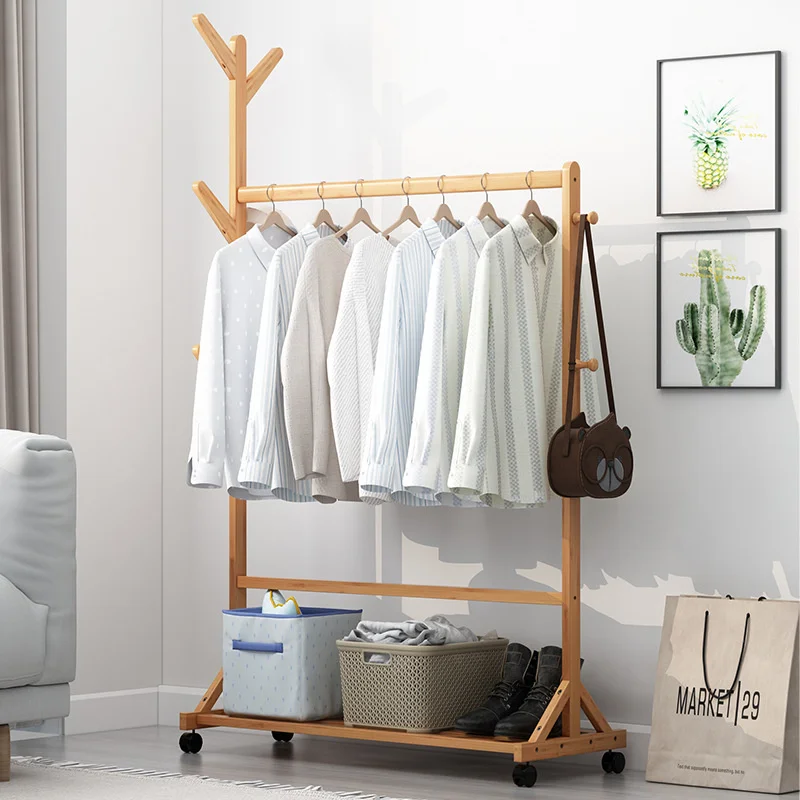 Perchero de pie moderno de madera maciza, colgador de piso extraíble de gran capacidad, solución de almacenamiento de ropa de dormitorio Simple